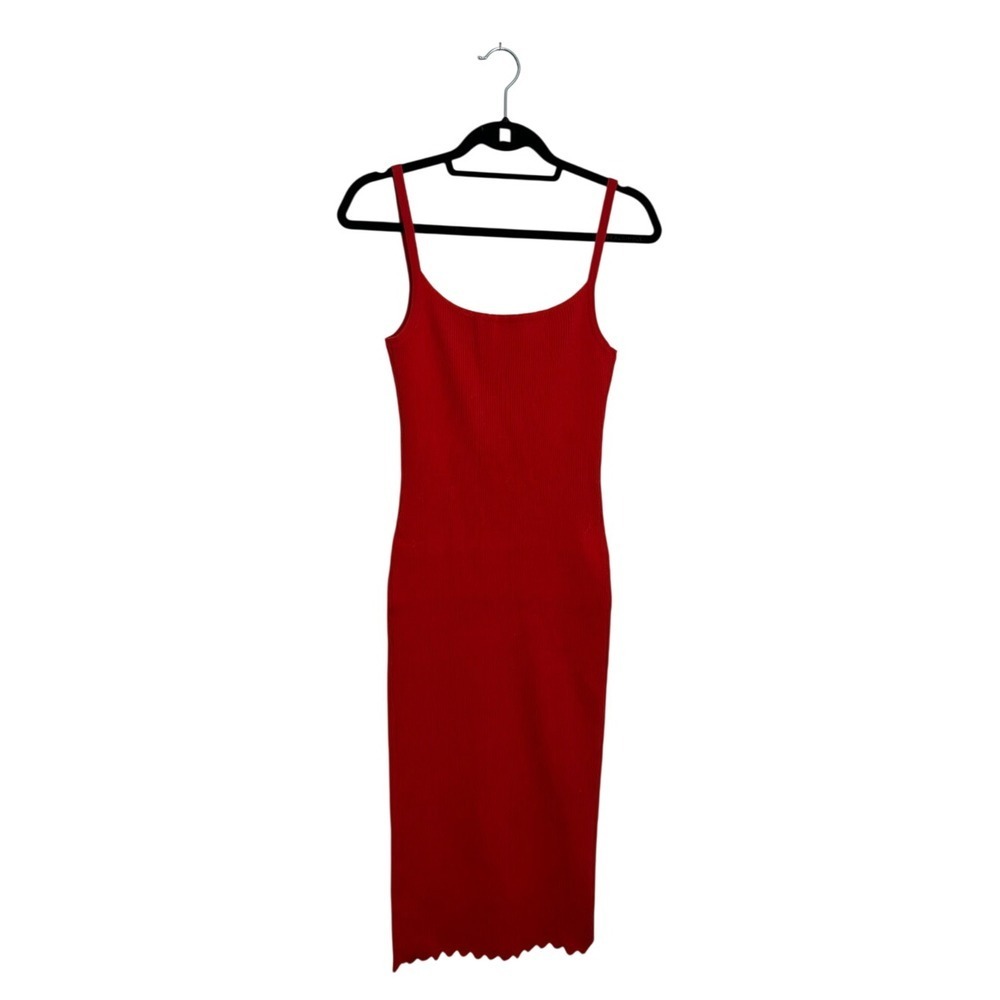 Red Ribbed Midi Slip Dress with Slim Straps and Scalloped Edges